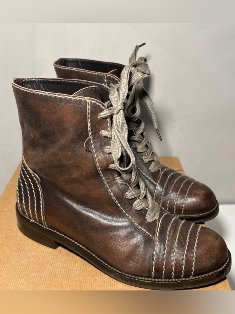 Henry Cuir Vertigo Treccia Brown Leather Lace Up Boots 37.5 US 7